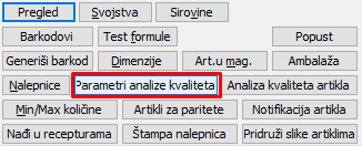 Dugme Parametri analize kvaliteta